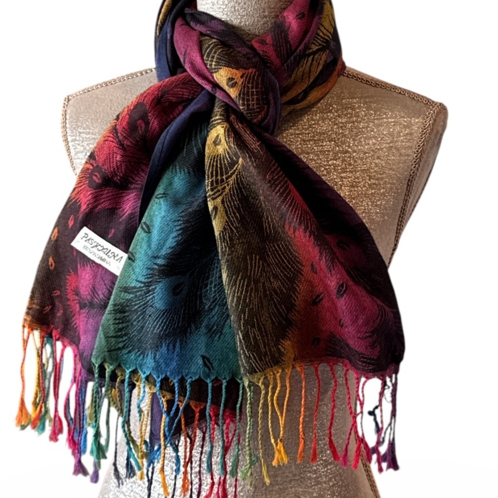 Peacock Feather Rainbow Pashmina Shawl Wrap Scarf Fringe Size OS - Picture 2 of 11